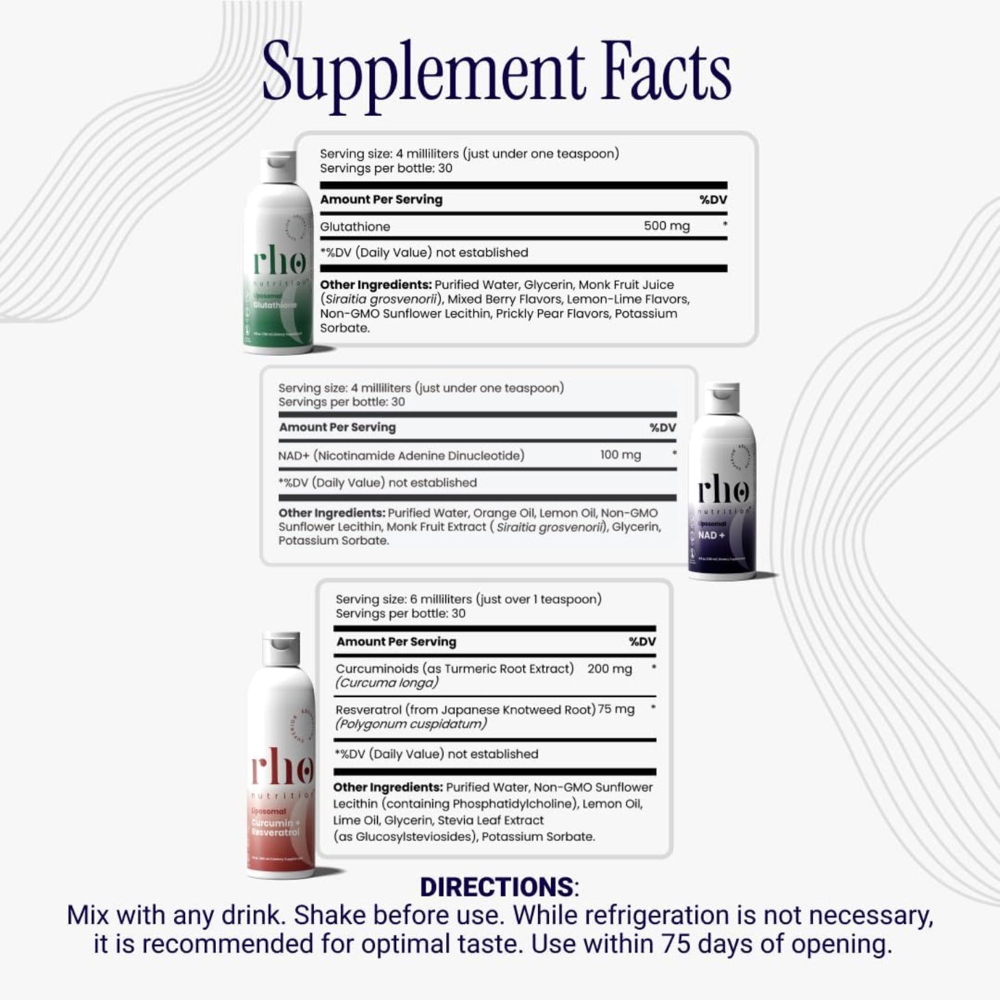 Rho Nutrition - Cellular Health Essentials Bundle – Liquid Liposomal Supplements for Healthy Aging & Cellular Support - NAD+, Curcumin + Resveratrol, & Glutathione (3 Pack)